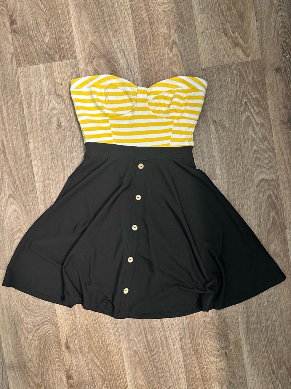 Strapless Fit Flare Dress Black Skirt Yellow Stripe Top Mini Size S - Picture 2 of 7